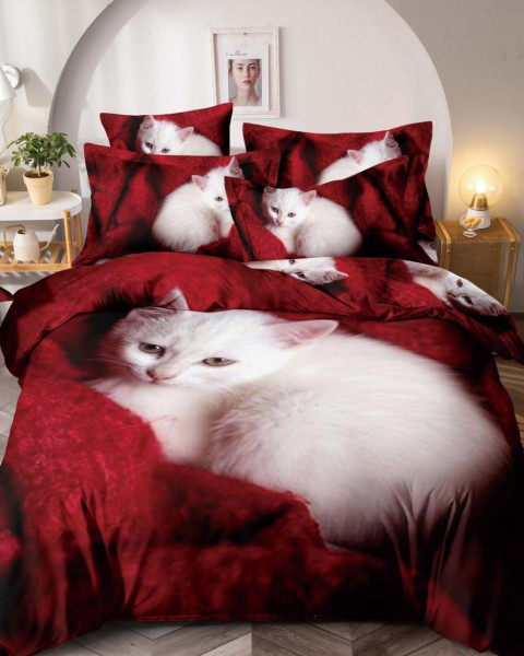 Lenjerie de pat cu elastic, bumbac tip finet, cu 2 fete, pat 2 persoane, rosu / alb, 6 piese, FNJ-279