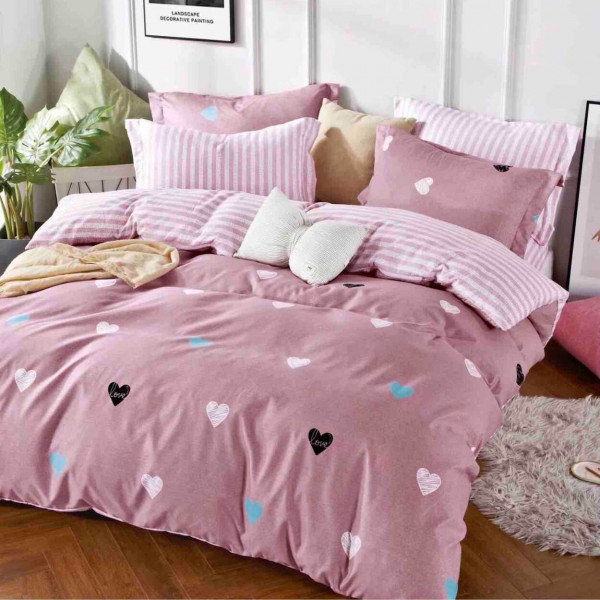 Lenjerie de pat cu elastic, bumbac tip finet, pat 2 persoane, roz inchis, 6 piese, FNJE-129
