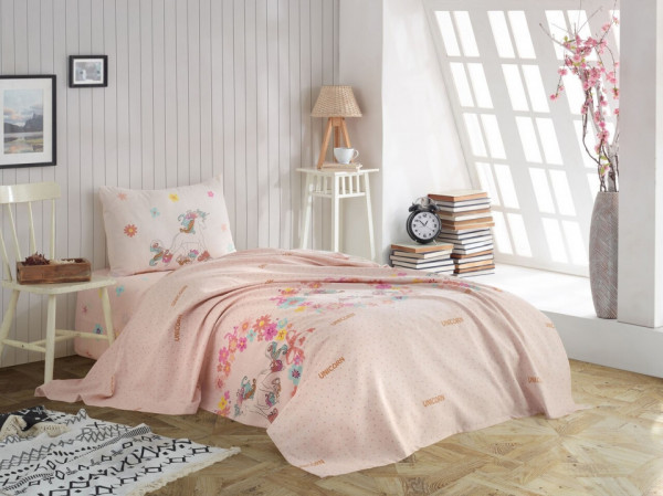 Set cuvertura de pat pentru o persoana Unicornlar, EnLora Home, 3 piese, bumbac, multicolor