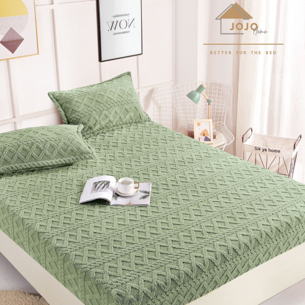 Set Husa de Pat cu Elastic si 2 Fete de Perna, Cocolino Tip Jacquard, Uni, Pat 2 Persoane, Verde, HPC-03
