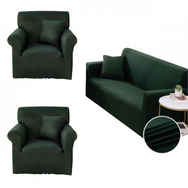 Set Huse Elastice, Canapea 3 locuri + 2 Fotolii, cu Brate, Uni, Verde Padure, SHEJ-41