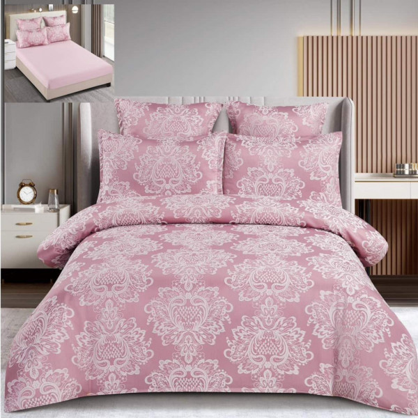 Set lenjerie de pat cu elastic, bumbac tip jacquard, 6 piese, pat 2 persoane, roz, T3-02