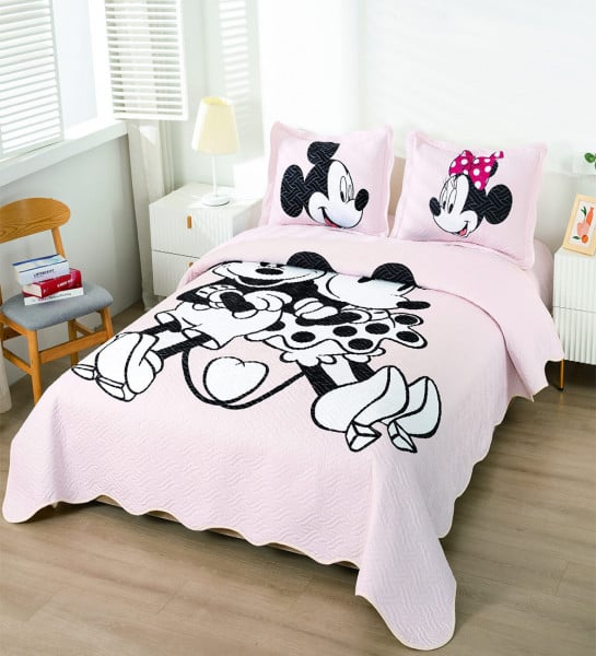 Cuvertura de pat cu 2 fete, 3 piese, bumbac tip finet, pat 2 persoane, roz pudra, CVP3-38