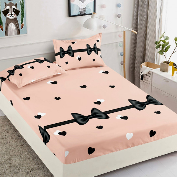 Husa de pat cu elastic si 2 fete de perna, bumbac tip finet, pat 2 persoane, roz pal / negru, 3 piese, HBF-243
