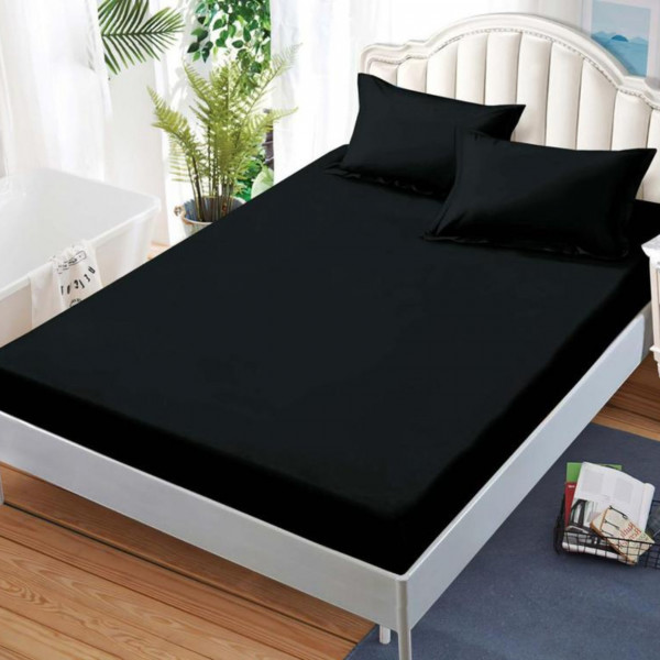 Husa de pat cu elastic si 2 fete de perna, bumbac tip finet, Uni, pat 2 persoane, negru, HBFJ-158
