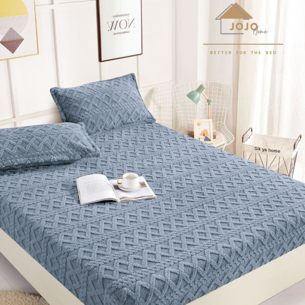 Husa de pat cu elastic si 2 fete de perna, Cocolino tip jacquard, Uni, pat 2 persoane, albastru, HPC-04