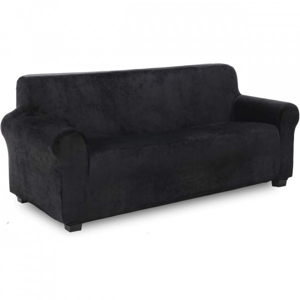 Husa elastica din catifea, canapea 3 locuri, cu brate, negru, HCCJ3-01