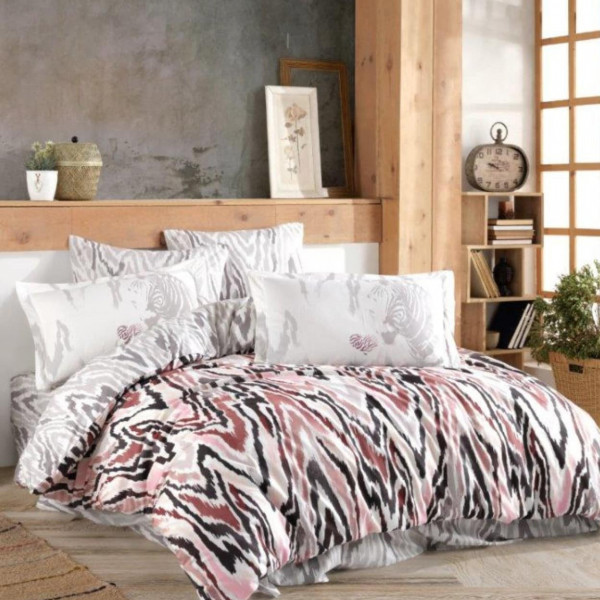 Lenjerie de pat, 100% bumbac, tesatura poplin, pat 2 persoane, 4 piese, alb / roz, Barbara, HBP-74