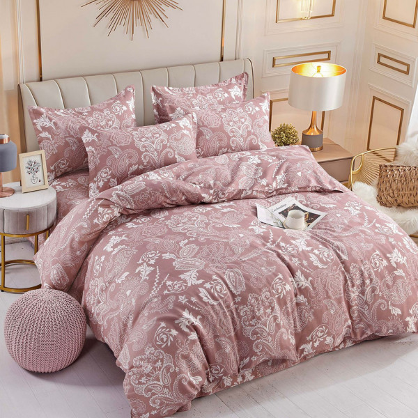 Lenjerie de pat cu 2 fete, bumbac tip finet, pat 2 persoane, roz inchis, 6 piese, FNJ-371
