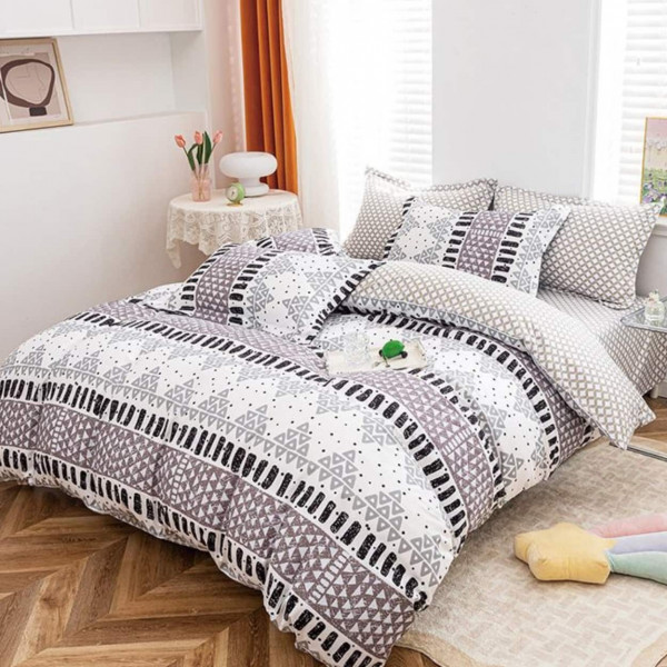 Lenjerie de pat cu 2 fete, policoton, 4 piese, pat 2 persoane, gri / alb, A50-647