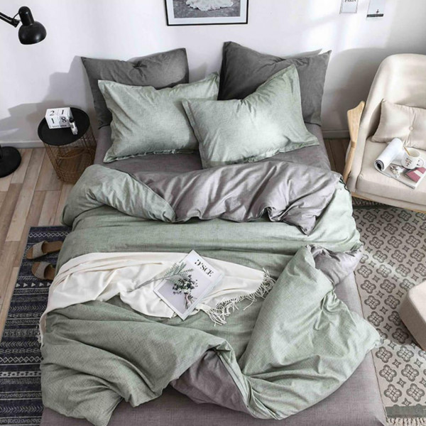 Lenjerie de pat cu 2 fete, policoton, pat 2 persoane, 4 piese, gri / verde, R4-542