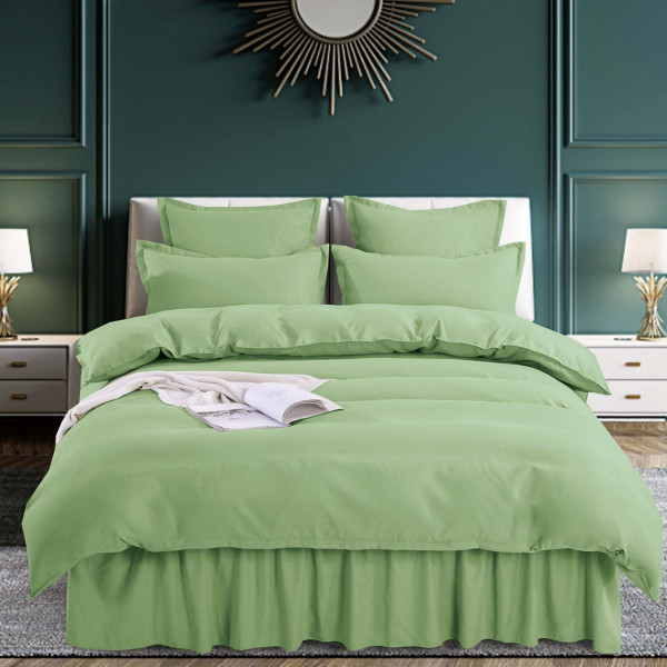 Lenjerie de pat cu volanase, bumbac tip finet, pat 2 persoane, uni, 6 piese, verde deschis, FNVJ-13