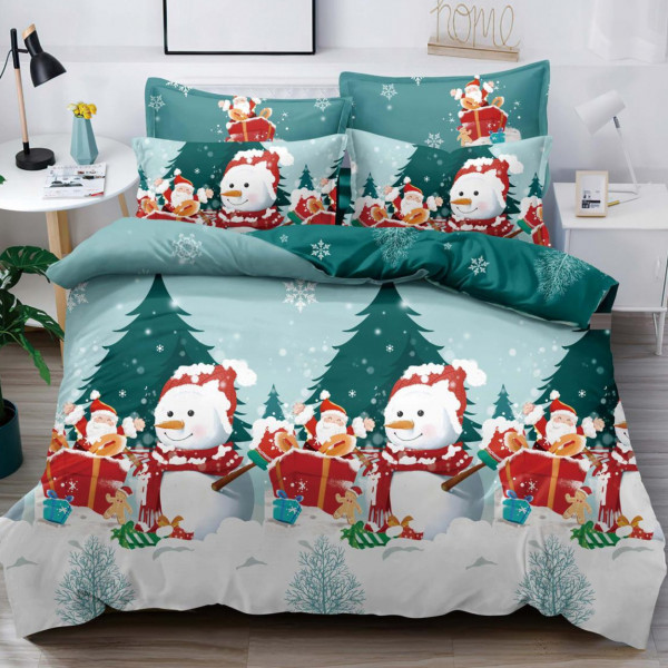 Lenjerie de pat Mos Crăciun cu elastic, bumbac tip finet, 6 piese, pat 2 persoane, alb / verde, FNJEC-20
