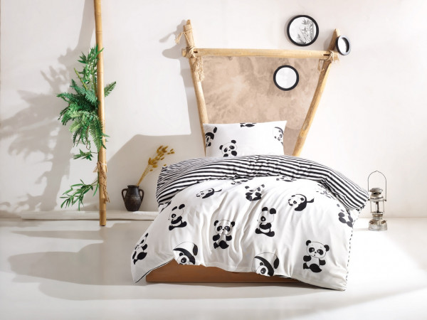 Lenjerie de pat pentru o persoana, EnLora Home, Panda Black White, 2 piese, policoton, alb/negru