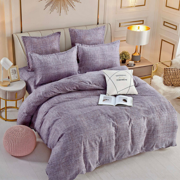 Set Lenjerie de Pat cu 2 Fete, Bumbac Tip Finet, 6 Piese, Uni, Pat 2 Persoane, Lila, FNJ-362