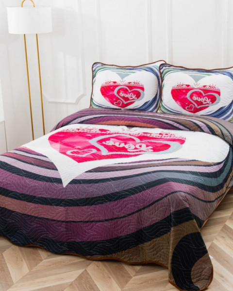 Cuvertura de pat cu 2 fete, 3 piese, bumbac tip finet, alb / roz, CVP3-03