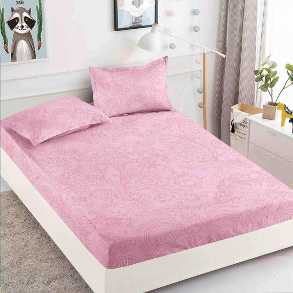 Husa de pat cu elastic si 2 fete de perna, bumbac tip finet, pat 2 persoane, roz, HBF-144