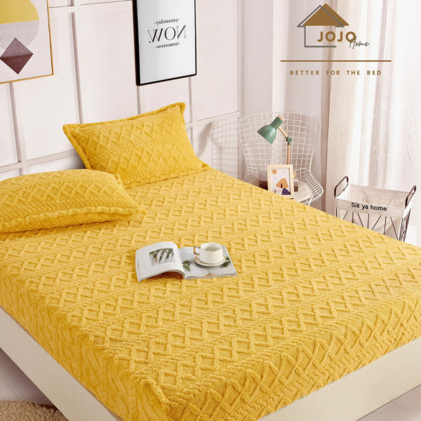 Husa de pat cu elastic si 2 fete de perna, Cocolino tip jacquard, Uni, pat 2 persoane, galben, HPC-05