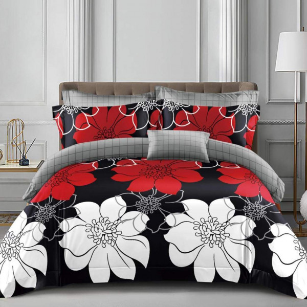 Lenjerie de pat policoton cu elastic dubla, rosu / negru, 4 piese, E-66