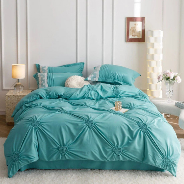 Lenjerie de pat uni cu pliuri si broderie, tesatura tip finet, 6 piese, pat 2 persoane, turquoise, FNJS-56