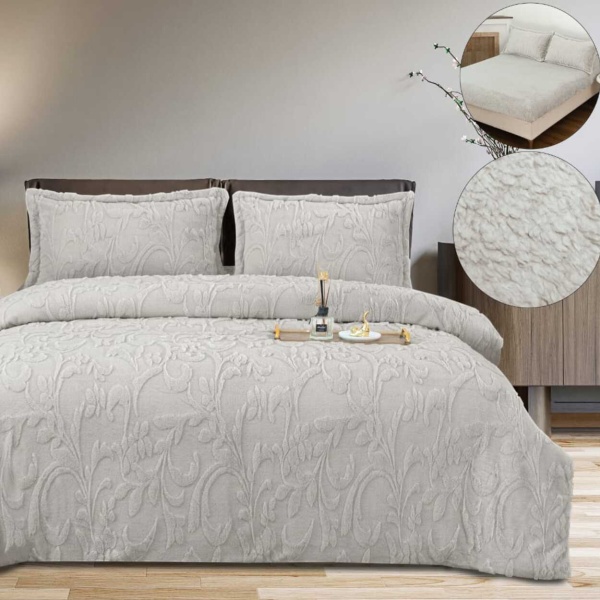 Set lenjerie de pat Cocolino imblanita, cu elastic, model grofat, 4 piese, pat 2 persoane, gri, LCP-74