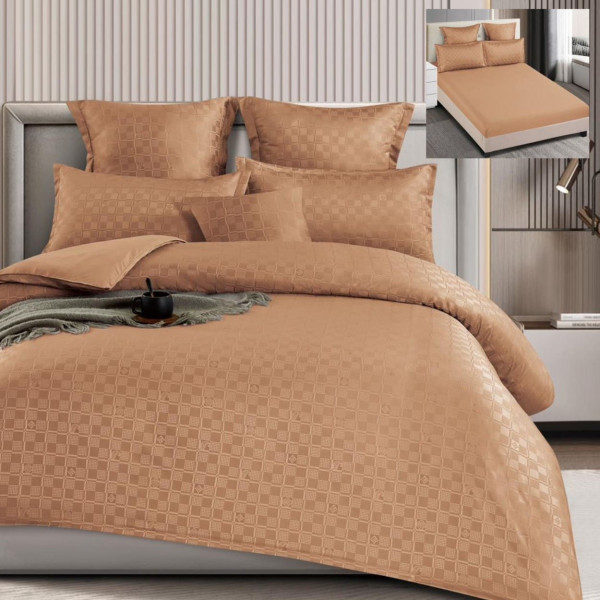 Set lenjerie de pat cu elastic, model embosat, bumbac tip finet, uni, 6 piese, pat 2 persoane, bej inchis, T4-09