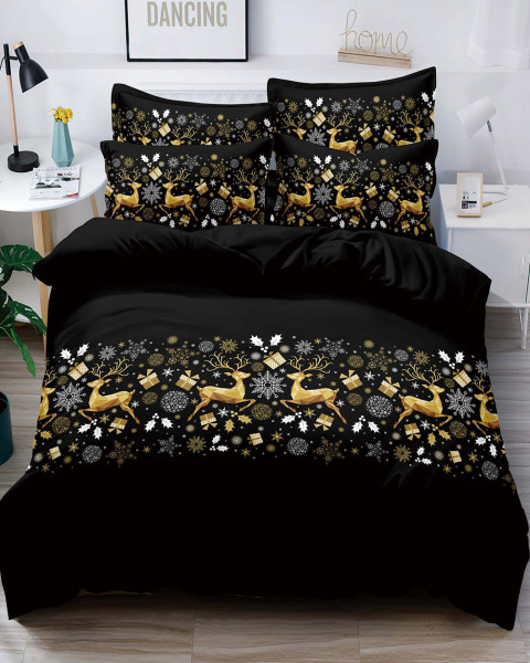 Set lenjerie de pat Mos Crăciun cu elastic, bumbac tip finet, 6 piese, pat 2 persoane, galben / negru, FNJEC-15