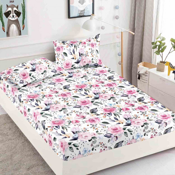 Husa de pat cu elastic si 2 fete de perna, bumbac tip finet, pat 2 persoane, alb / roz, HBF-142