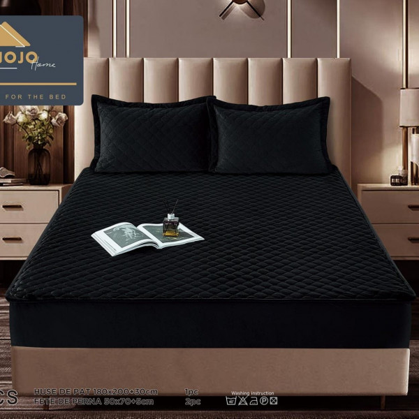 Husa de pat matlasata si 2 fete de perne din catifea, cu elastic, model tip topper, pat 2 persoane, negru, HTC-04