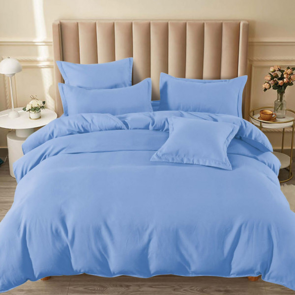 Lenjerie de pat, bumbac finet, cu elastic, uni, pat 2 persoane, albastru deschis, 6 piese, FNE-185