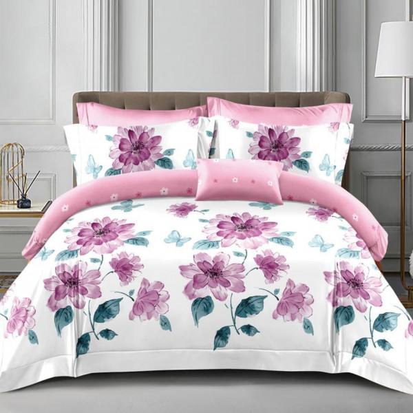 Lenjerie de pat policoton cu elastic dubla, alb / roz, 4 piese, E-59