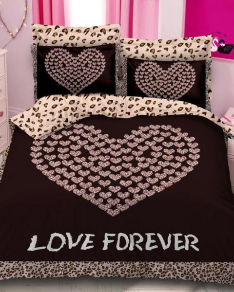 Set Lenjerie de Pat cu 2 Fete, Bumbac Tip Finet, 6 Piese, Pat 2 Persoane, Negru, Love Forever, A2-24