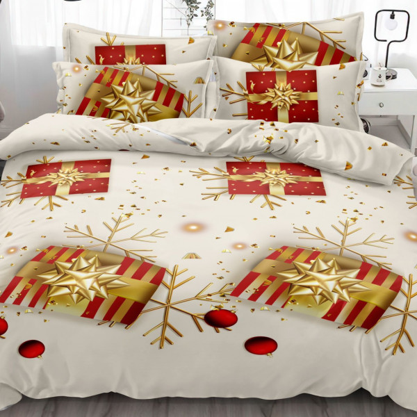 Set lenjerie de pat Mos Craciun, bumbac tip finet, pat 2 persoane, rosu / crem, 6 piese, FNQ-41