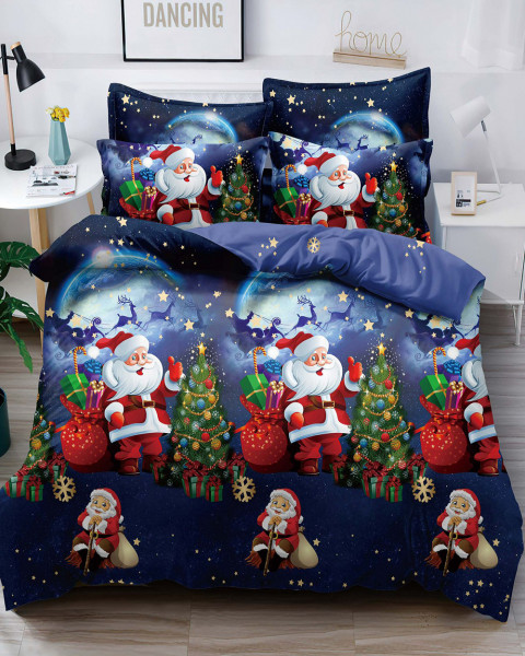 Set lenjerie de pat Mos Crăciun cu elastic, bumbac tip finet, 6 piese, pat 2 persoane, rosu / albastru inchis, FNJEC-16