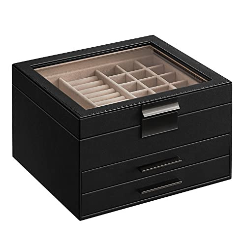 Cutie bijuterii cu 2 sertare, MDF / piele ecologica, negru, Songmics