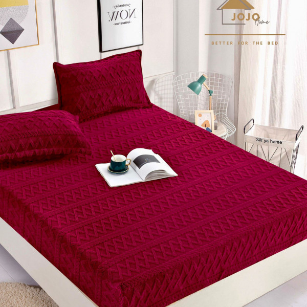 Husa de pat cu elastic si 2 fete de perna, Cocolino tip jacquard, Uni, pat 2 persoane, grena, HPC-11