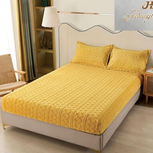 Husa de pat cu elastic si 2 fete de perna, cocolino tip jacquard, uni, pat 2 persoane, galben, C10