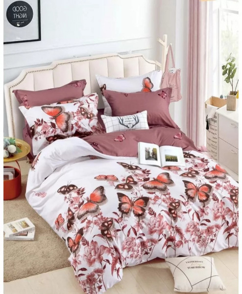 Lenjerie de pat cu elastic, bumbac tip finet, pat 2 persoane, alb / roz pudra, 6 piese, FNJE-54
