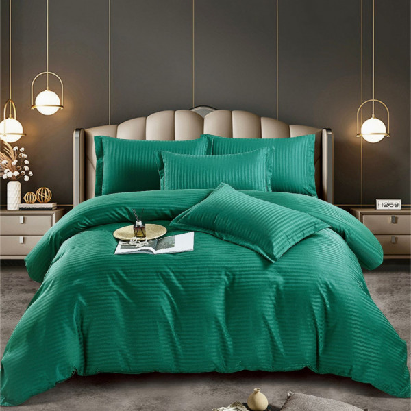Lenjerie de pat dublu, cu elastic, damasc, verde, 6 piese, DME-01