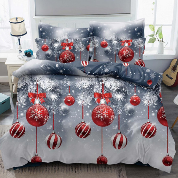 Lenjerie de pat Mos Crăciun cu elastic, bumbac tip finet, 6 piese, pat 2 persoane, rosu / gri, FNJEC-23