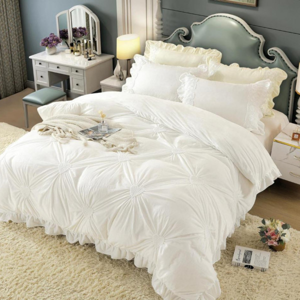 Set Lenjerie de Pat din Catifea, Cu Broderie, 4 Piese, Pat 2 Persoane, Alb, CCJ-10