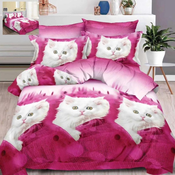 Set Lenjerie de pat, imprimeu 3D cu pisici, pentru pat 2 persoane, 6 piese, alb / roz, B60-07