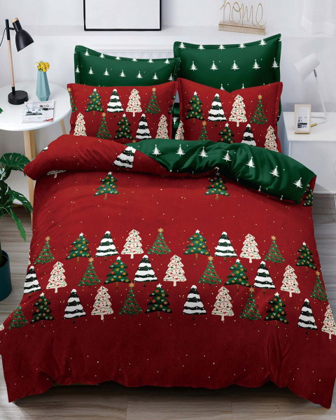 Set lenjerie de pat Mos Crăciun cu elastic, bumbac tip finet, 6 piese, pat 2 persoane, rosu, FNJEC-05