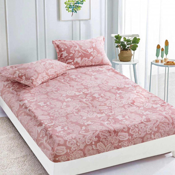 Husa de pat Cocolino cu elastic si 2 fete de perna, pat 2 persoane, roz / alb, HCJ-74