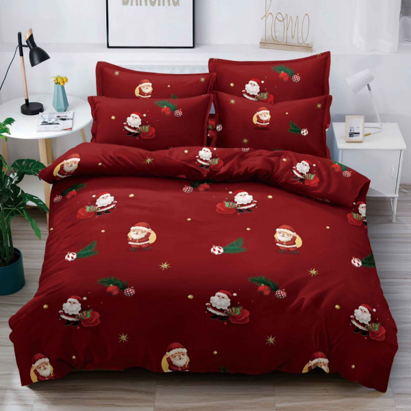 Set lenjerie de pat Mos Crăciun cu elastic, bumbac tip finet, 6 piese, pat 2 persoane, grena, FNJEC-38