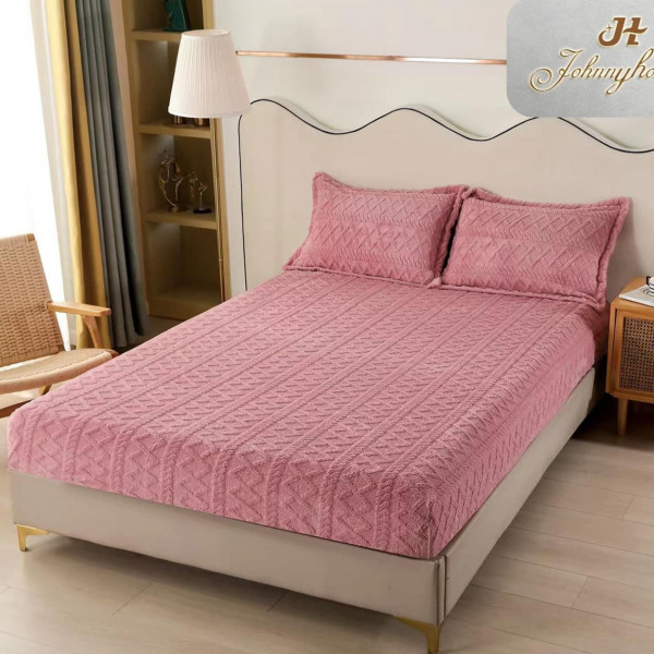 Husa de pat cu elastic si 2 fete de perna, cocolino tip jacquard, uni, pat 2 persoane, roz, C02