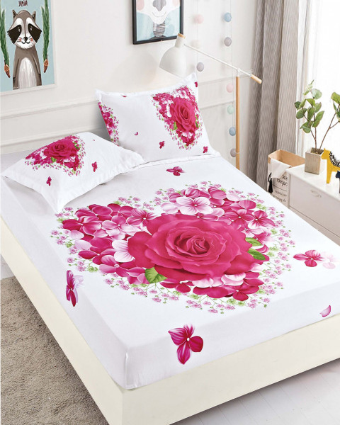 Husa de pat cu elastic si 2 fete de perna pentru pat dublu, alb / roz, HBF 149
