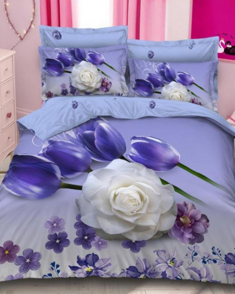 Lenjerie de pat 3d cu 2 fete, bumbac finet, pat 2 persoane, crem / violet, 6 piese, A2-37