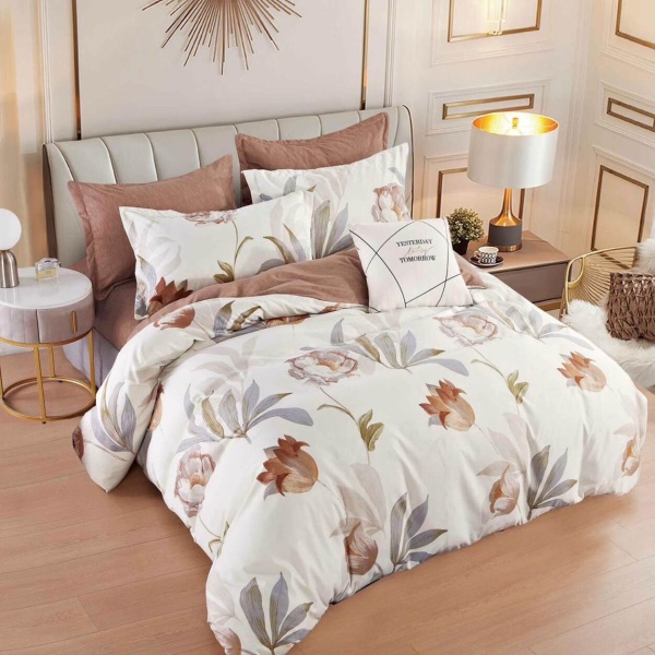 Lenjerie de pat cu 2 fete, tesatura tip finet, pat 2 persoane, 6 piese, crem / maro, FNJ-418