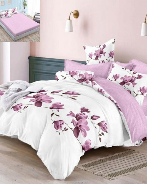 Lenjerie de pat cu elastic, bumbac tip finet, pat 2 persoane, alb / roz, 6 piese, FNE-64